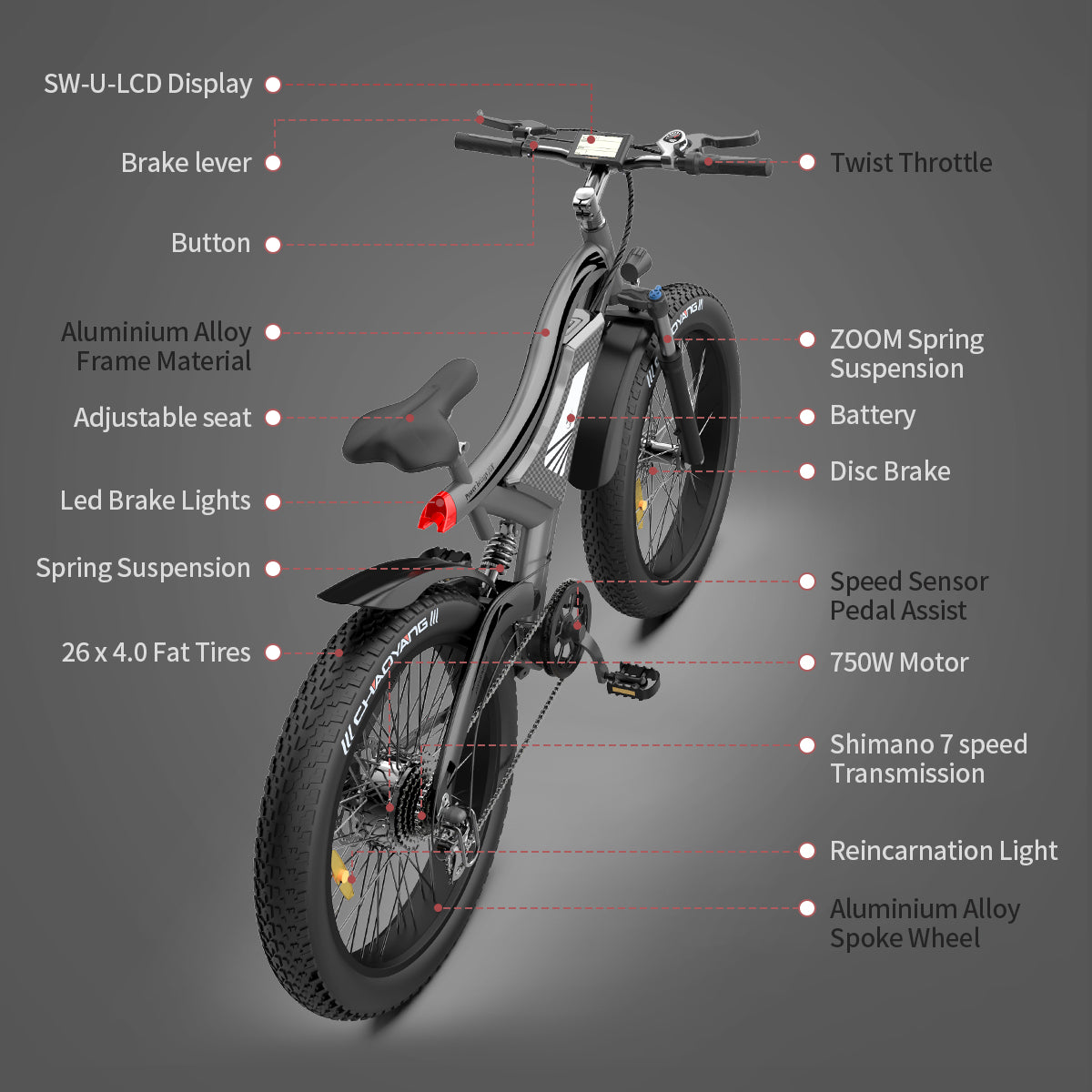 AOSTIRMOTOR 26" 750W Electric Bike Fat Tire 48V 15AH Removable Lithium Battery for Adults S18